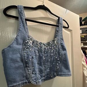 Embellished Denim Crop Top